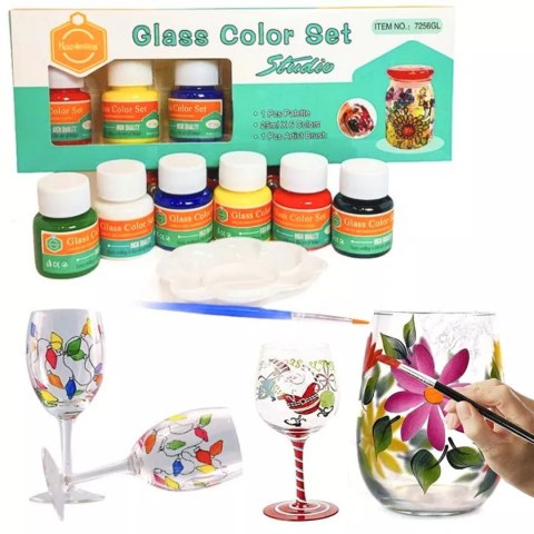 Farby do szkła ceramiki porcelany zestaw do malowania na szkle 6 kolorów x 25ml + pędzel paletka malarska Farby do szkła ceramiki porcelany zestaw do malowania na szkle 6 kolorów x 25ml + pędzel paletka malarska