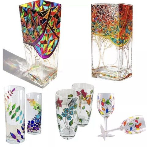 Farby do szkła ceramiki porcelany zestaw do malowania na szkle 6 kolorów x 25ml + pędzel paletka malarska Farby do szkła ceramiki porcelany zestaw do malowania na szkle 6 kolorów x 25ml + pędzel paletka malarska