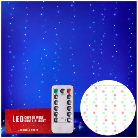 Lampki LED kurtyna girlanda druciki 3x3m 300LED multikolor pilot USB Lampki LED kurtyna girlanda druciki 3x3m 300LED multikolor pilot USB