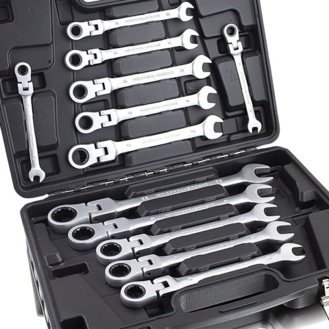 KLUCZE PŁASKO OCZKOWE Z GRZECHOTKĄ ŁAMANE 8-22 MM KLUCZE PŁASKO OCZKOWE Z GRZECHOTKĄ ŁAMANE 8-22 MM